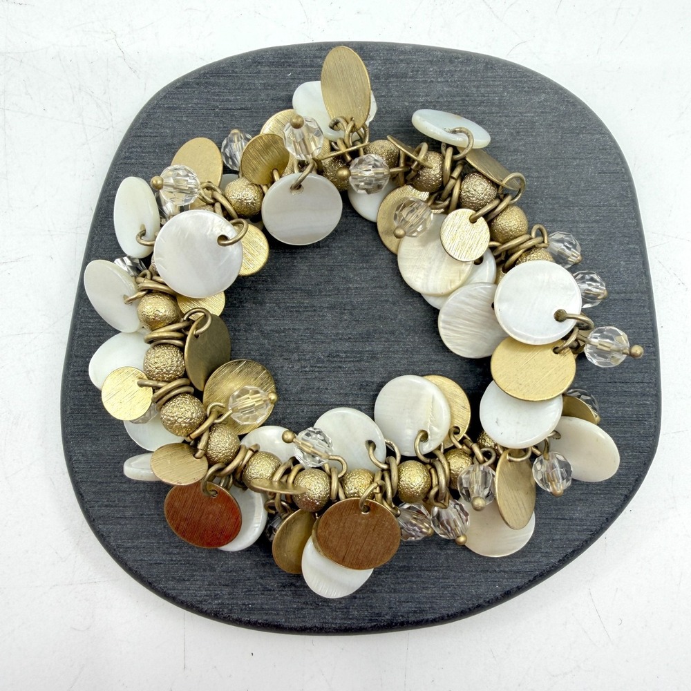 Gold Tone Mother of Pearl Shell Disc Crystal Bead Cha Cha Charm Bracelet Boho